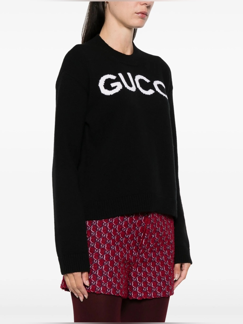 Gucci Black Logo Sweater Size M Wool Knit Crewneck Pullover GG Graphic